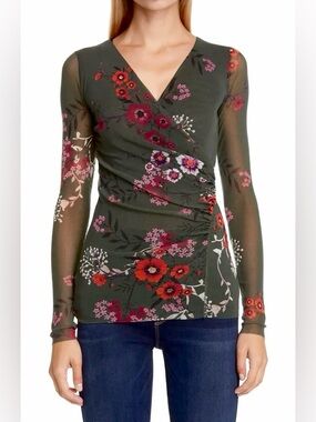 JPG Fuzzi Green Floral Mesh Wrap Top Ruched Sheer Long Sleeve Whimsigoth XXL